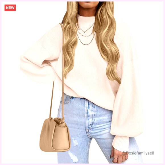 Oversized Ribbed Knit Pullover Sweater Turtleneck Lantern Sleeve Casual Fall